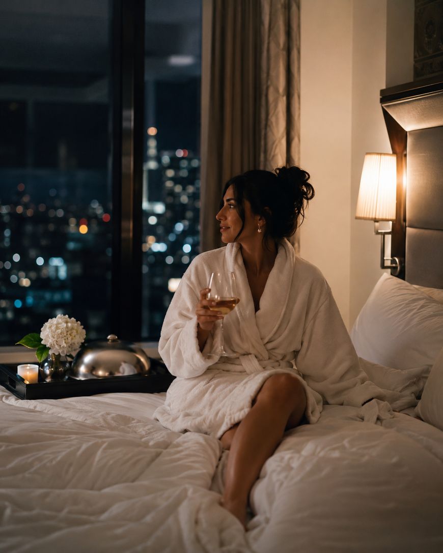 A woman in a white bathrobe sits on a hotel bed at night, holding a glass of wine and looking out a window at city lights. A tray with food, flowers, and candles is on the bed.