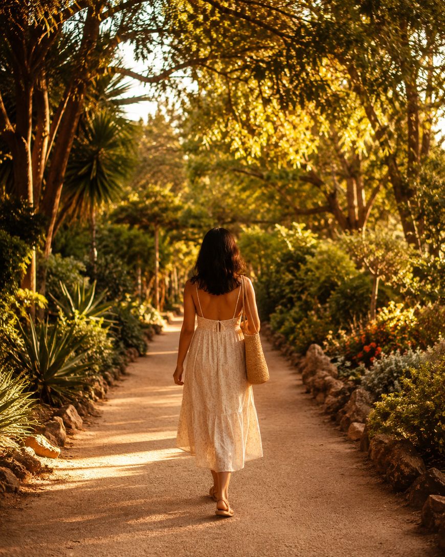 A woman in a light dress walks barefoot down a sunlit garden path surrounded by lush greenery and flowers, carrying a woven bag.