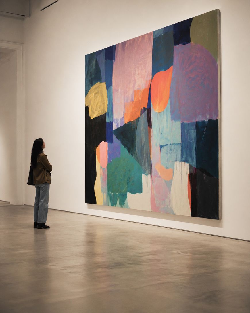 A person stands in a gallery looking at a large, colorful abstract painting with geometric shapes and various shades of blue, pink, orange, and yellow on a white wall.