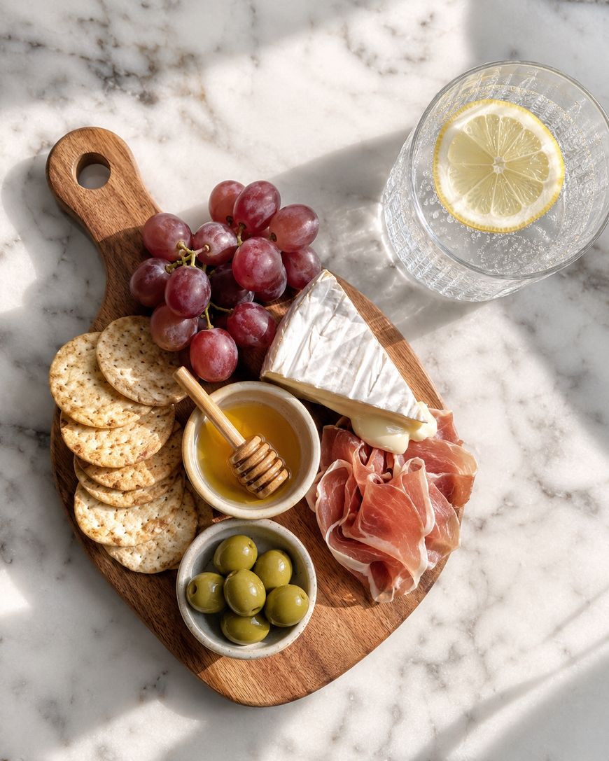 A wooden board with crackers, red grapes, Brie cheese, prosciutto, green olives, and honey in a bowl, next to a glass of water with a lemon slice on a marble surface.