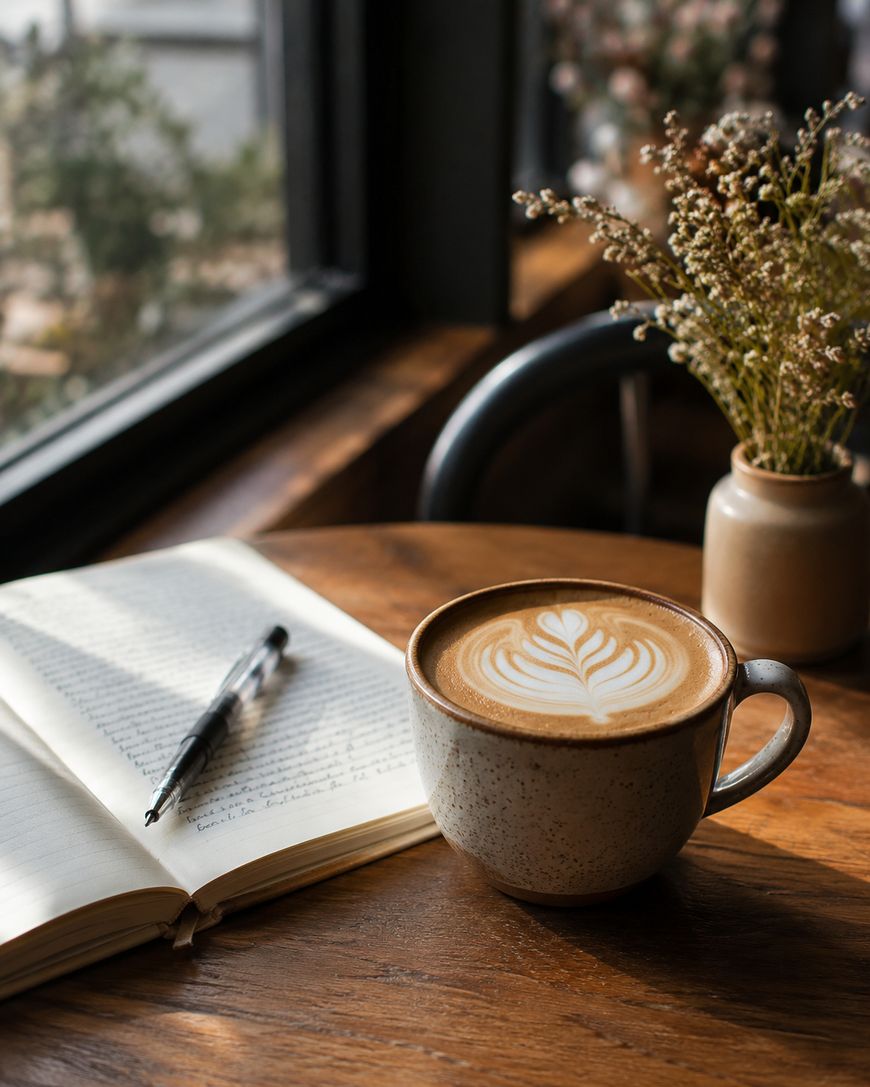 A latte with leaf art sits on a wooden table next to an open notebook with a pen. Sunlight streams through a window, and a vase with dried flowers is nearby, creating a cozy, peaceful setting.