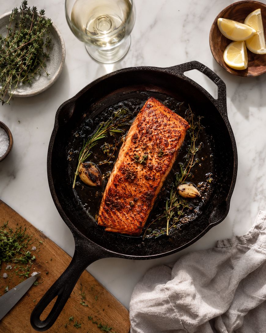Seared salmon fillet in a cast iron skillet with garlic, herbs, and sauce, surrounded by a glass of white wine, lemon wedges, and fresh thyme on a marble counter.