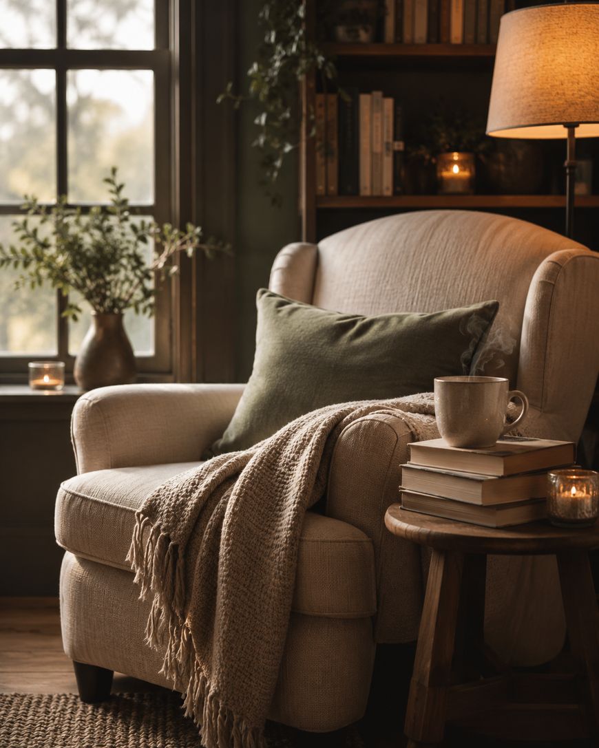 A cozy armchair with a blanket and green pillow sits by a window. A steaming mug rests on stacked books atop a wooden side table. Warm lighting and bookshelves create a peaceful, inviting reading nook.