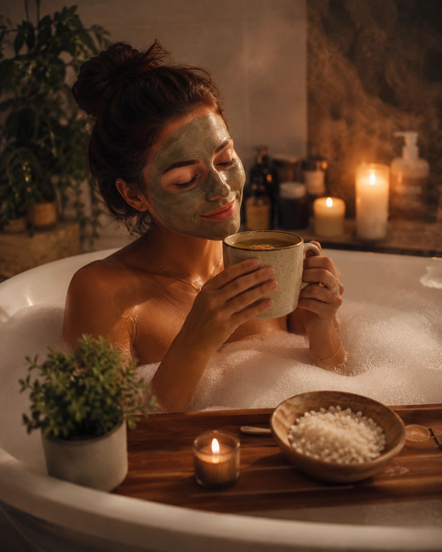 A woman with a green face mask relaxes in a bubble bath, holding a mug. Candles, a bowl of bath salts, and a plant are on a wooden tray. The scene is cozy and warmly lit.
