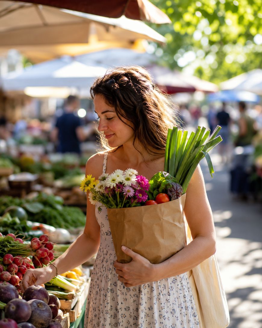 A woman in a sundress holds a paper bag of flowers and vegetables while smiling and shopping at an outdoor farmers market on a sunny day.