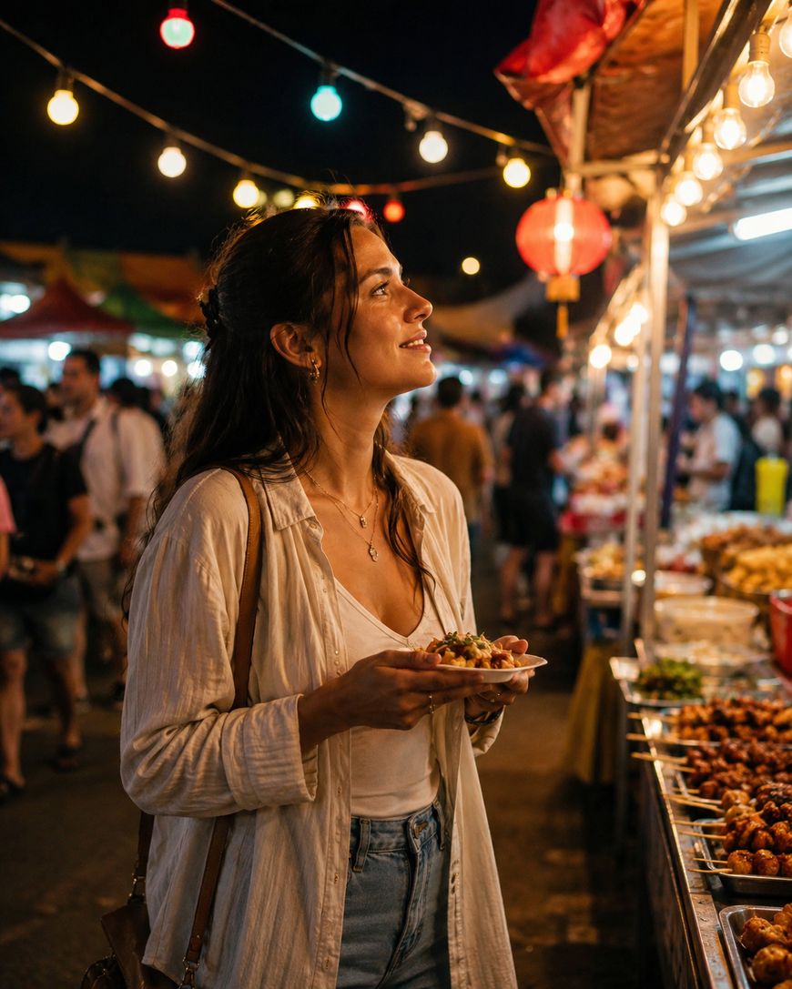 A woman holding a plate of food smiles while looking at a brightly lit food stall at a bustling outdoor night market, with string lights and people in the background.