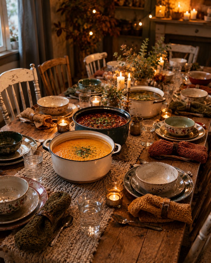 A rustic dining table set with bowls, glasses, candles, and several pots of soup. Cozy lighting and autumn decor create a warm, inviting atmosphere.
