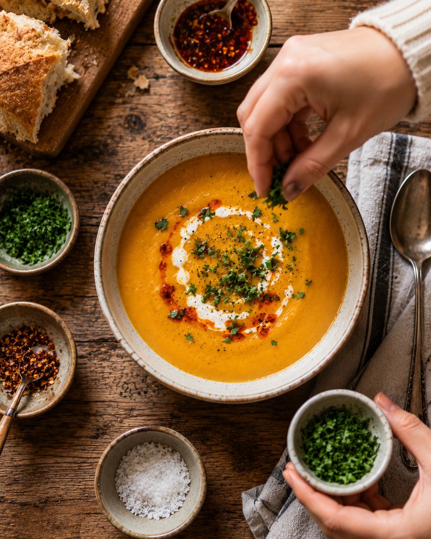 A person sprinkles fresh herbs onto a bowl of creamy orange soup, with sliced bread, spices, salt, and herbs arranged on a rustic wooden table.