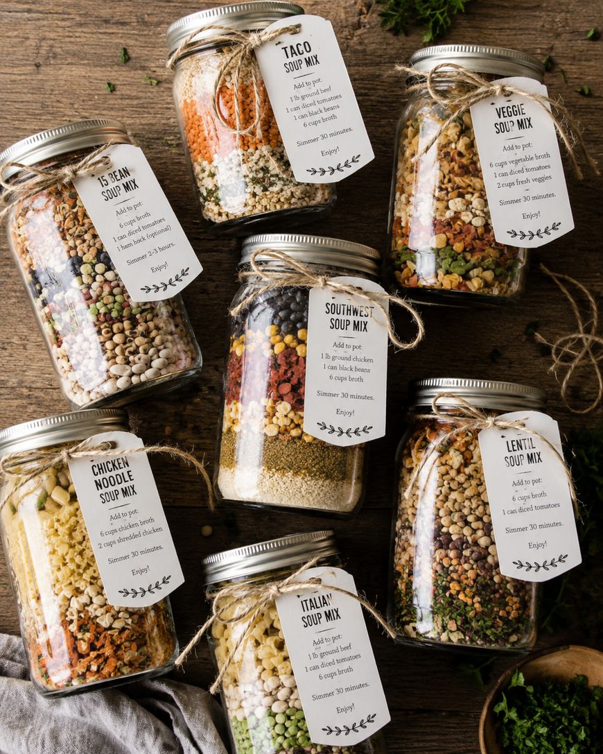 Six mason jars filled with colorful layered dry soup ingredients, each labeled with soup mix names and cooking instructions, arranged on a wooden table with herbs scattered around.