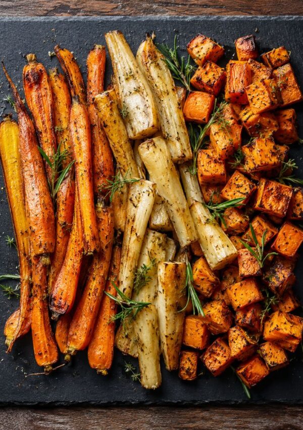 Roasted carrots, parsnips, and cubed butternut squash are arranged on a dark slate board, garnished with fresh herbs. The vegetables are seasoned and have a golden, caramelized appearance, making them one of the best soup sides or perfect for delicious soup pairings.