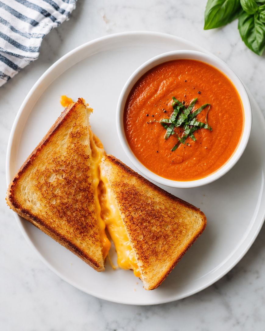 A grilled cheese sandwich cut in half is on a white plate with a bowl of tomato soup topped with chopped herbs, set on a marble surface.