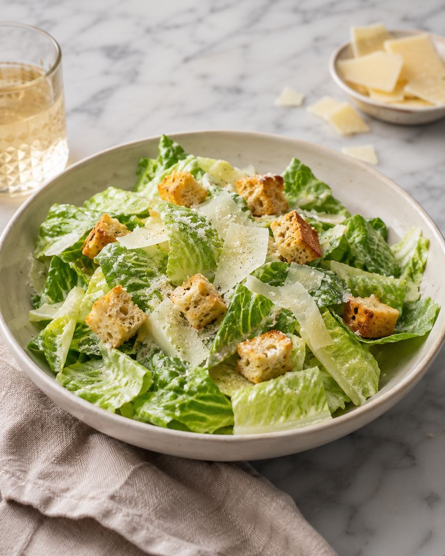 A bowl of Caesar salad with romaine lettuce, croutons, and shaved Parmesan. A glass of white wine and a small plate of cheese are in the background on a marble surface.