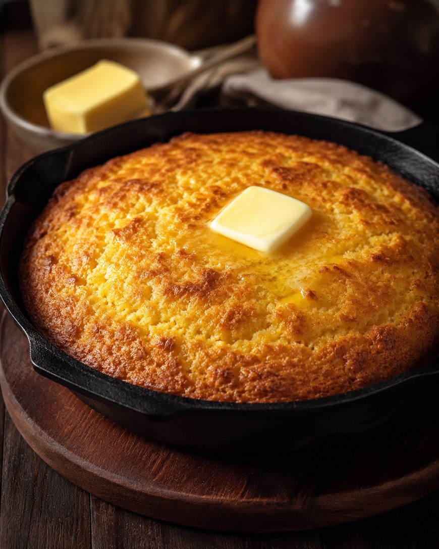 A golden-brown cornbread in a cast iron skillet, topped with a melting pat of butter, sits on a wooden board with a bowl of extra butter in the background.