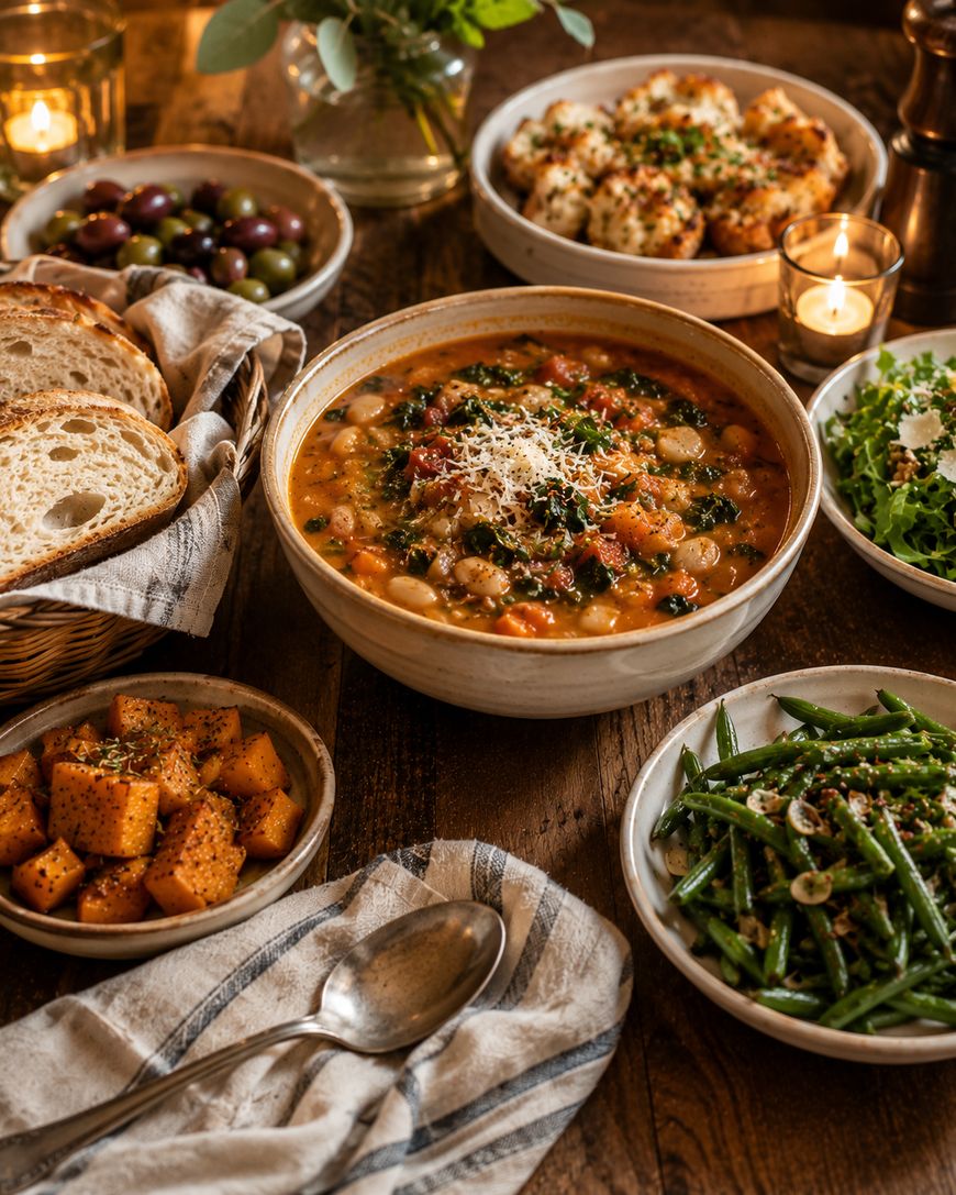 A cozy dinner spread with a bowl of soup, sliced bread, roasted squash, green beans, olives, salad, and cauliflower on a wooden table, lit by candles.