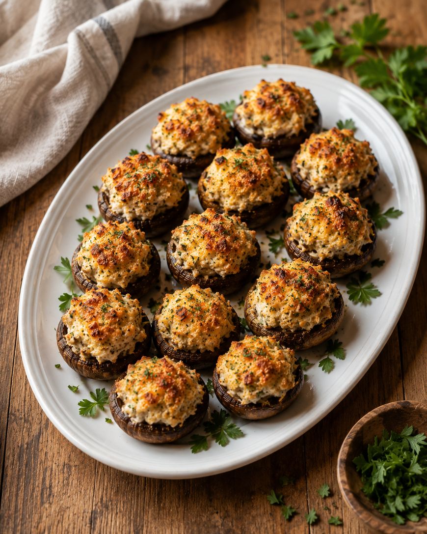 A white oval platter with stuffed mushrooms topped with golden, crispy filling, garnished with chopped herbs, on a wooden table with a napkin and parsley nearby.