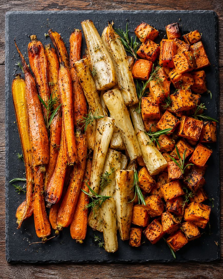 A slate platter with roasted carrots, parsnips, and cubed butternut squash, seasoned with herbs and spices, garnished with fresh rosemary and thyme.