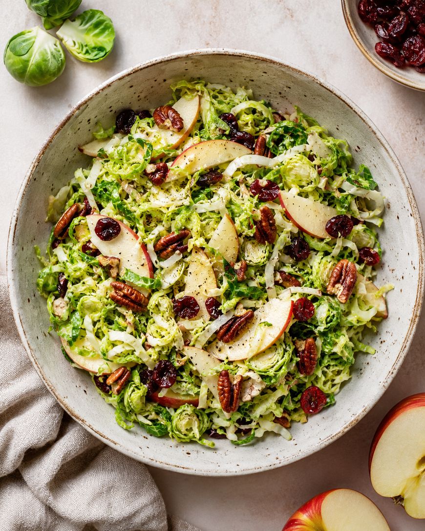 Shredded Brussels sprouts salad with apple slices, pecans, dried cranberries, and herbs, served in a beige bowl on a light surface. A few Brussels sprout halves, apple slices, and a bowl of cranberries are nearby.