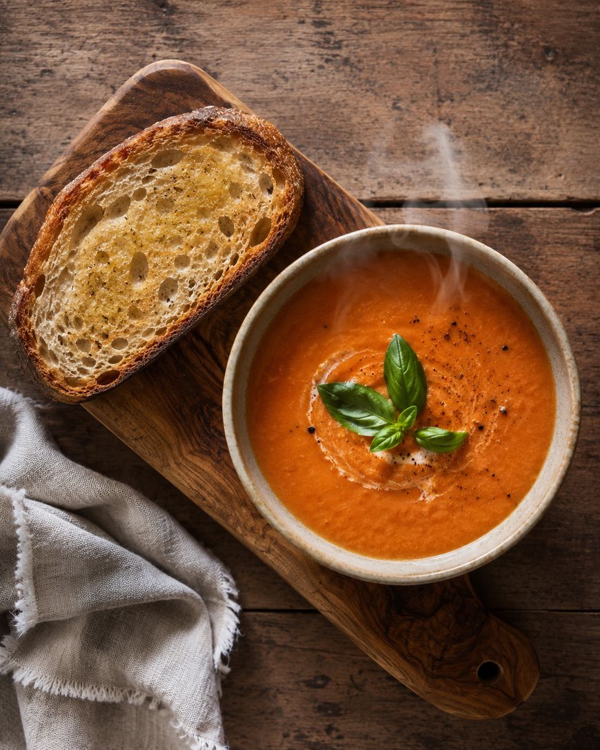 A bowl of creamy tomato soup garnished with basil sits on a wooden board next to a slice of toasted bread and a beige napkin. Steam rises from the hot soup.