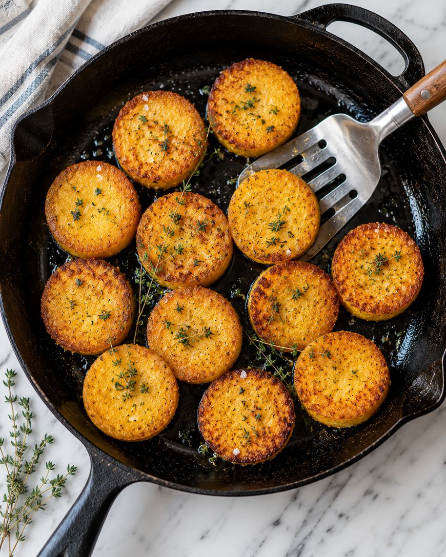 Round slices of crispy polenta, garnished with fresh thyme, in a black cast iron skillet with a metal spatula. A striped towel and a sprig of thyme are nearby on a marble surface.