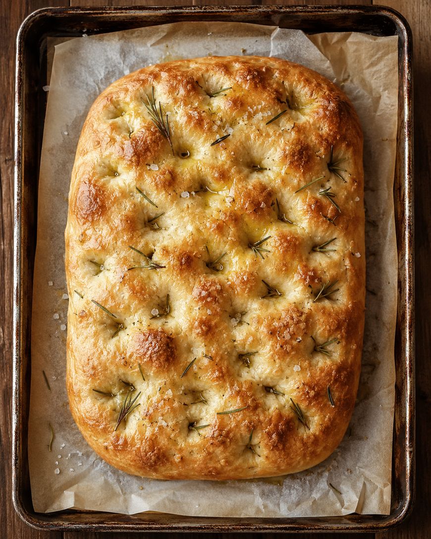 Golden-brown focaccia bread topped with rosemary and coarse salt, resting on parchment paper in a baking tray.