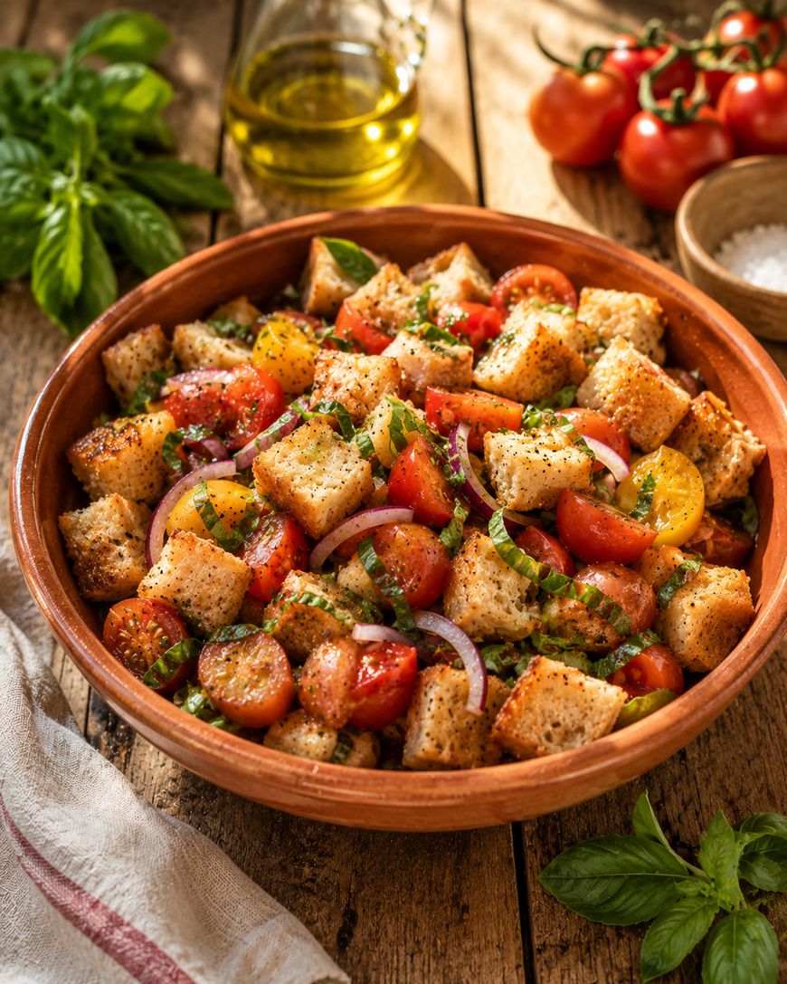 A bowl of panzanella salad with cubed bread, cherry tomatoes, red onion, and fresh basil. Olive oil, tomatoes, basil, and a bowl of salt are on a wooden table nearby.