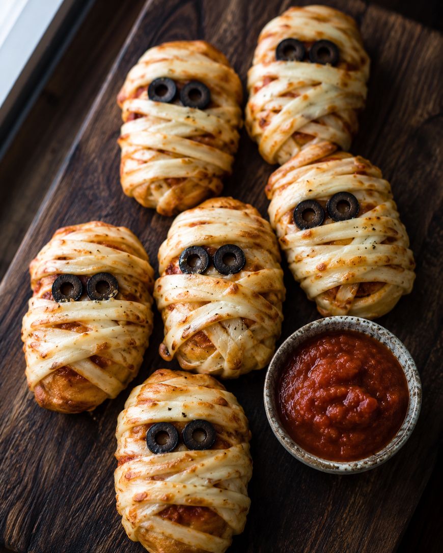 Six mummy-shaped pastries with black olive eyes are arranged on a wooden board with a small bowl of red dipping sauce, resembling marinara. The pastries are wrapped with dough to look like mummy bandages.