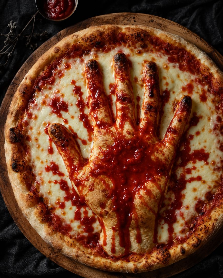 A cheese pizza topped with dough shaped like a human hand, covered in red sauce to look like blood, creating a spooky, Halloween-themed appearance.