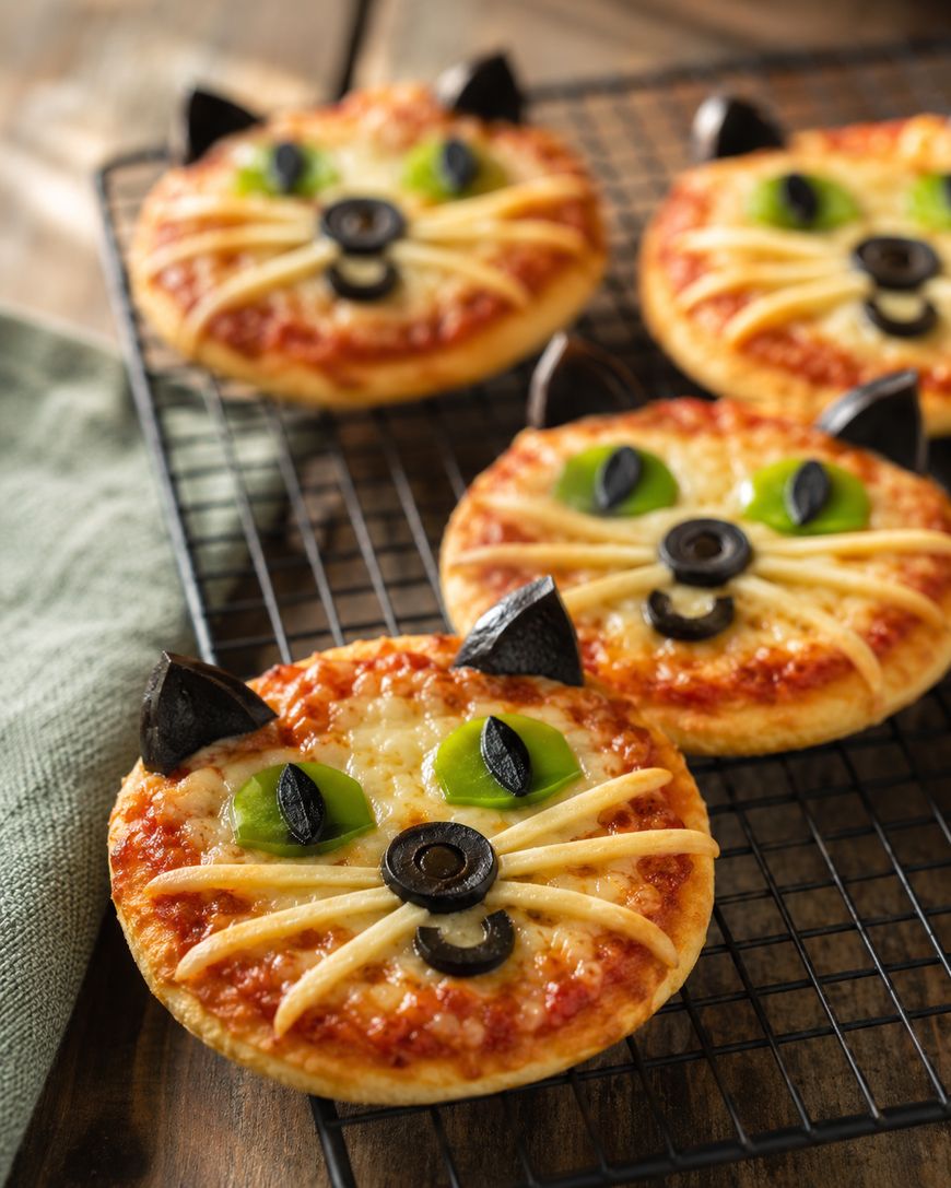 Mini pizzas decorated like cat faces with cheese for whiskers, olives for eyes, nose, and ears, and green pepper above the eyes. The pizzas are on a cooling rack with a green cloth nearby.