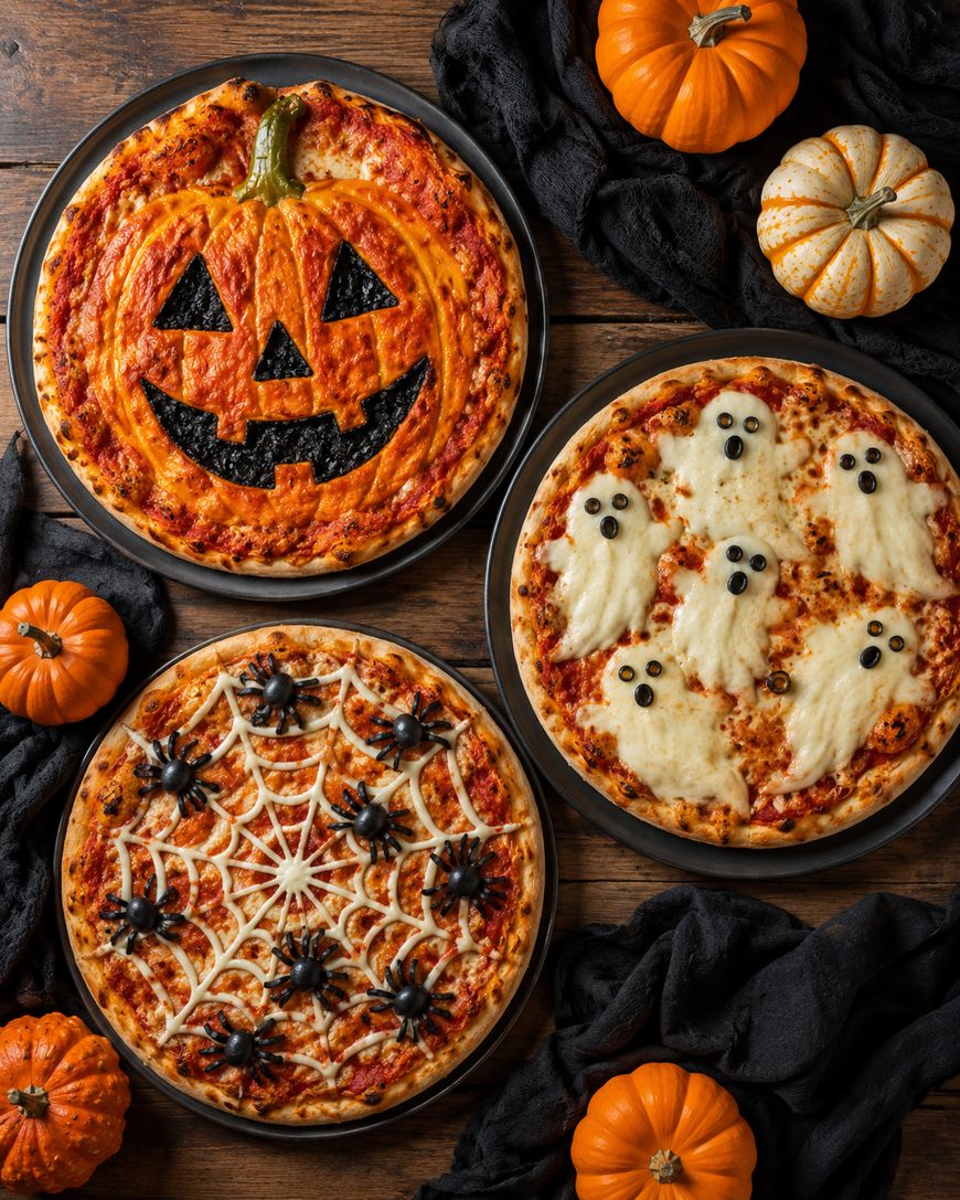 Three Halloween-themed pizzas: one with a Jack-o’-lantern face, one decorated as a spiderweb with olive “spiders,” and one topped with ghost shapes and olive eyes. Small pumpkins surround the pizzas.