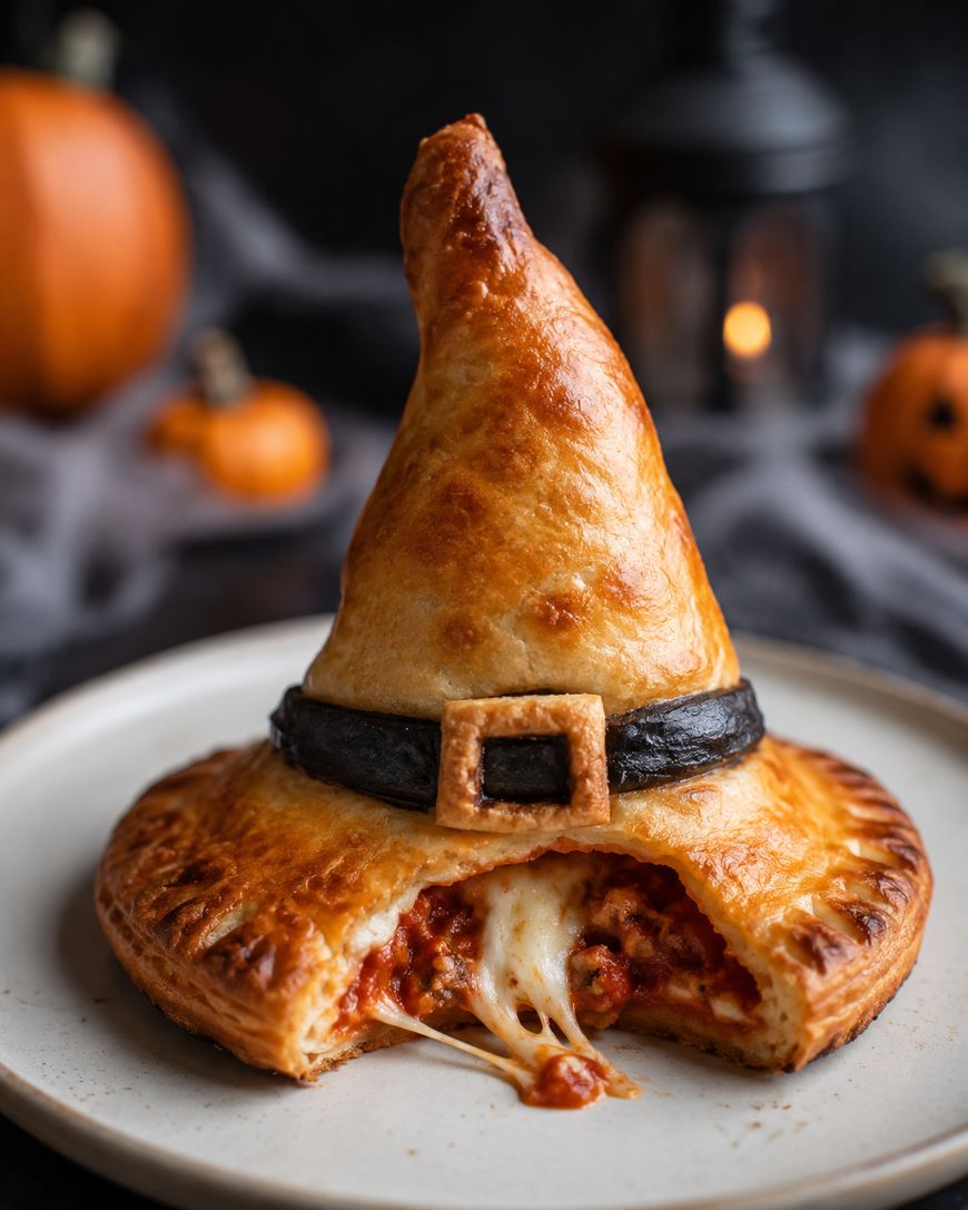 A hand pie shaped like a witch’s hat, with a buckle and a cheesy, tomato filling inside, sits on a plate. Halloween decorations are blurred in the background.