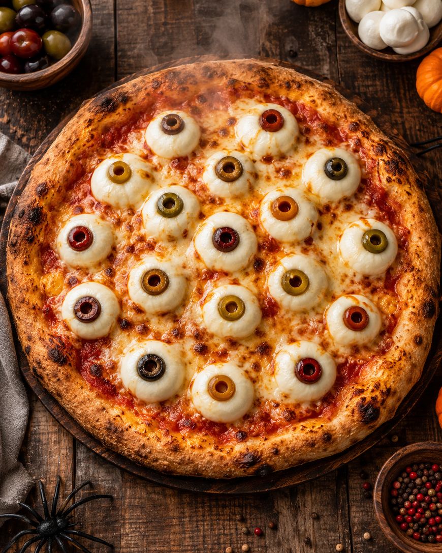 Pizza topped with mozzarella balls and olives arranged to look like eyeballs, sitting on a wooden table with pumpkins, grapes, spices, and a decorative spider nearby. Steam rises from the hot pizza.