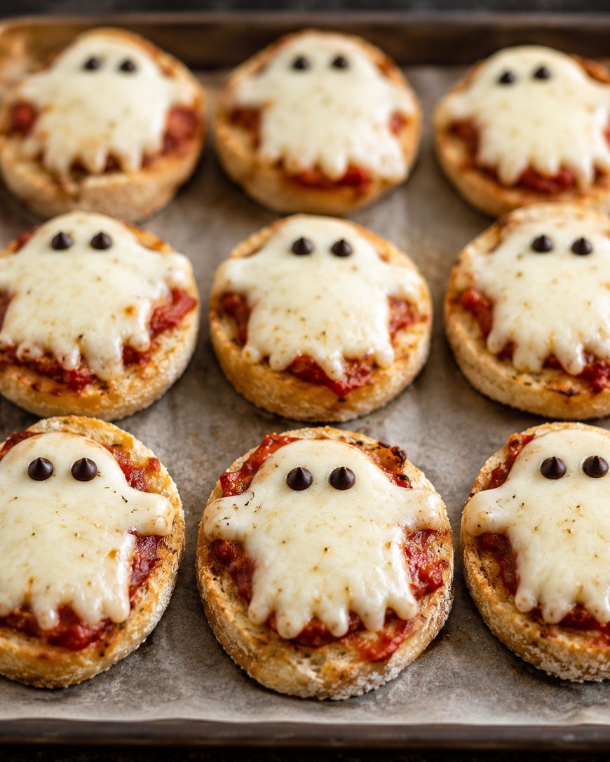 Nine mini pizzas with melted cheese shaped like ghosts and two olive slices as eyes on each, arranged on a baking tray.