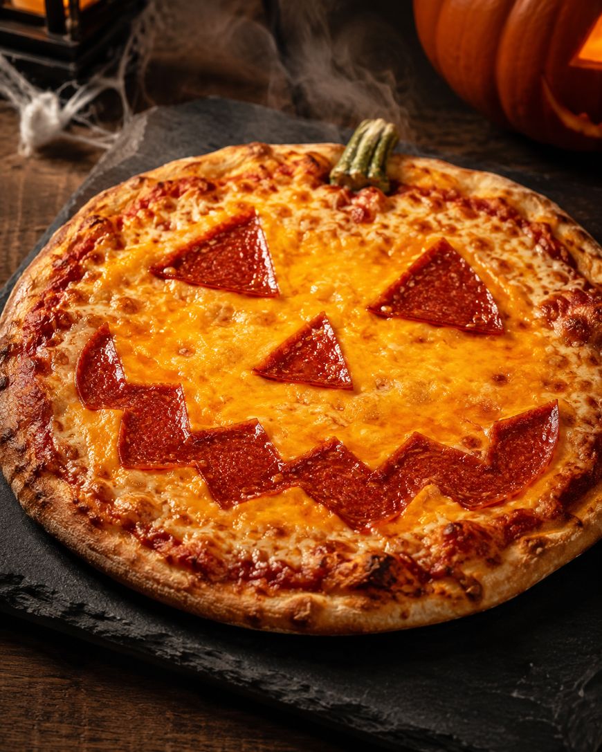 A pizza decorated like a jack-o-lantern with pepperoni slices forming eyes, nose, and a jagged mouth, with a green stem at the top, set on a dark slate board near a pumpkin.