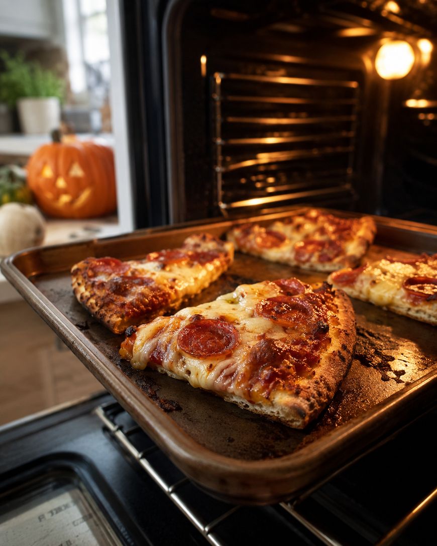 Four slices of pepperoni pizza on a baking sheet are reheating in an oven. In the background, a carved pumpkin and kitchen items are visible, suggesting a cozy, festive atmosphere.