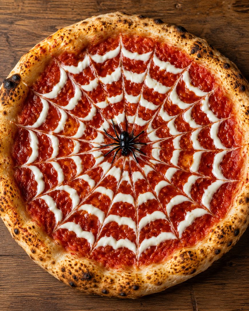 A pizza with tomato sauce and cheese arranged in a spiderweb pattern, topped with a plastic black spider in the center, on a wooden table.