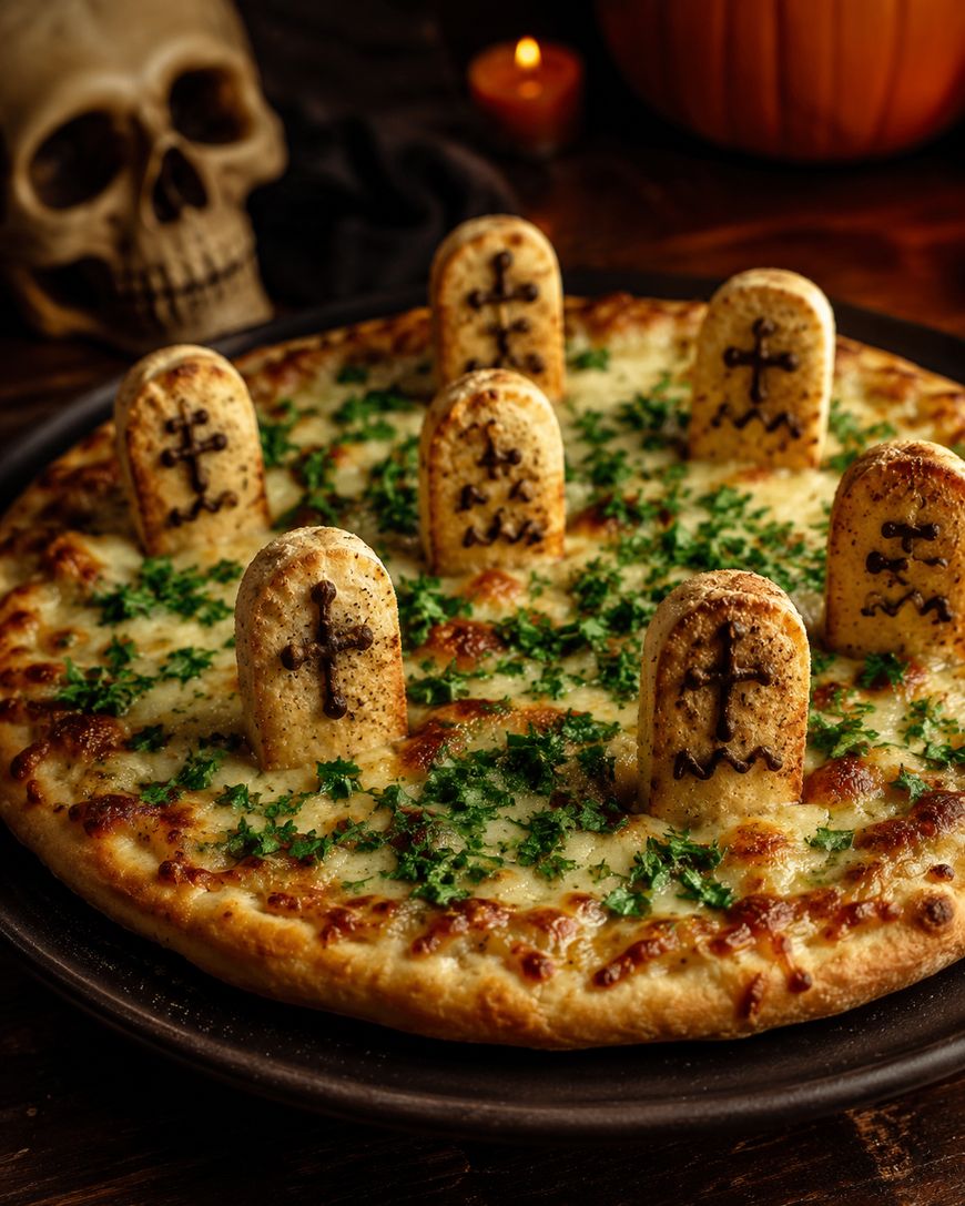 A pizza topped with breadsticks decorated as gravestones, surrounded by parsley, with a skull, candle, and pumpkin in the background, creating a spooky Halloween theme.