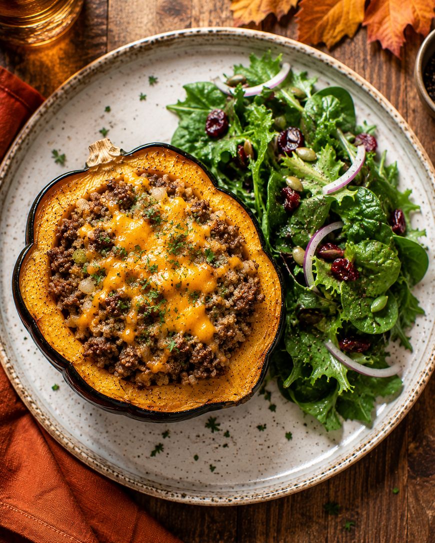 A plate with a stuffed acorn squash topped with melted cheese and herbs, served alongside a fresh green salad with red onions and dried cranberries on a rustic wooden table.