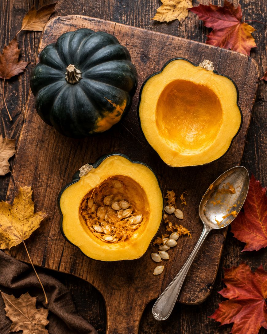 A whole acorn squash and a squash cut in half sit on a wooden cutting board with a spoon and scattered seeds. Autumn leaves are placed around on the rustic wooden surface.