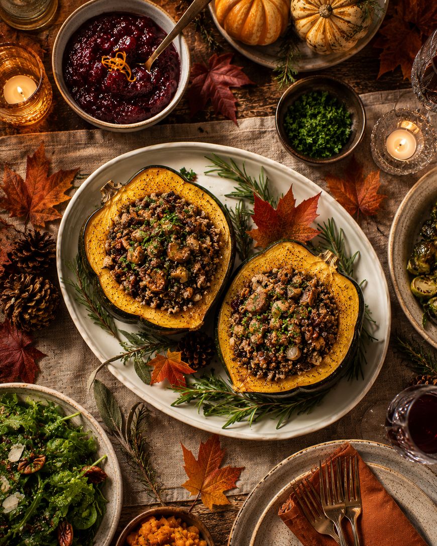 A fall-themed table setting with roasted stuffed squash on a platter, surrounded by cranberry sauce, salad, greens, candles, pumpkins, pinecones, and autumn leaves. Warm, cozy lighting enhances the festive atmosphere.