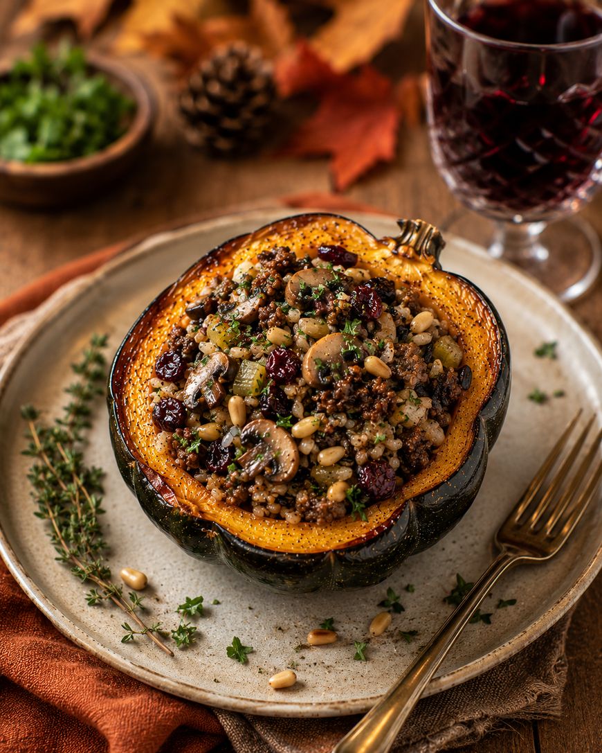 Stuffed roasted acorn squash filled with grains, mushrooms, cranberries, and herbs on a plate, garnished with pine nuts and fresh thyme. A glass of red wine and fall decor are in the background.