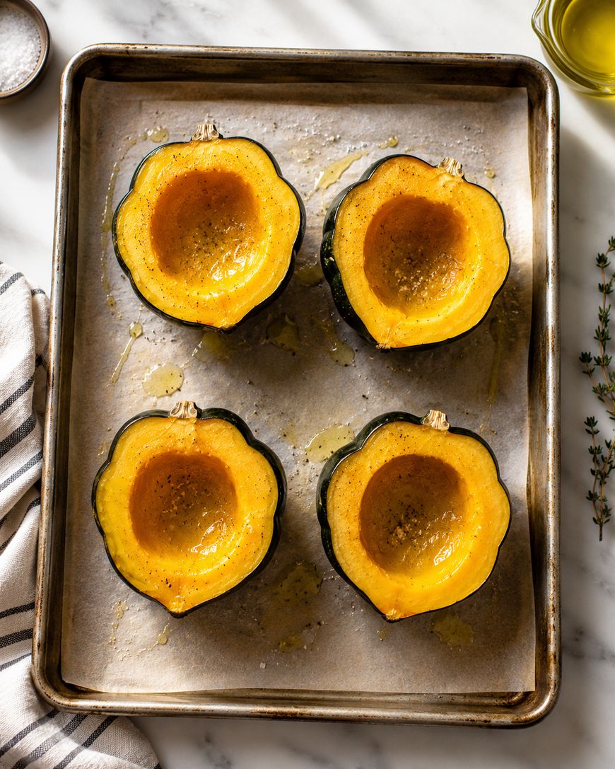 Four halved acorn squash, seasoned and facing cut side up, are arranged on a parchment-lined baking sheet. Olive oil, a striped towel, fresh thyme, and salt are visible nearby.