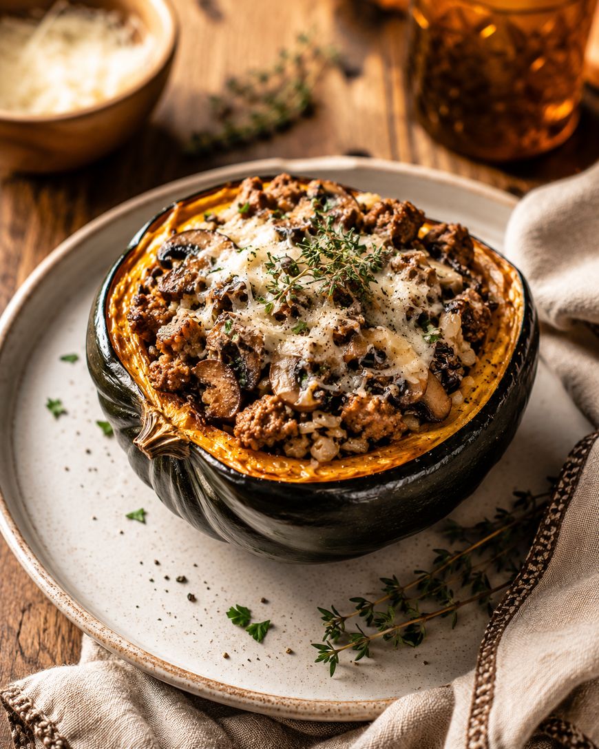 A roasted acorn squash half filled with a savory ground meat and mushroom mixture, topped with melted cheese and fresh herbs, served on a rustic plate with a sprig of thyme and a beige napkin.