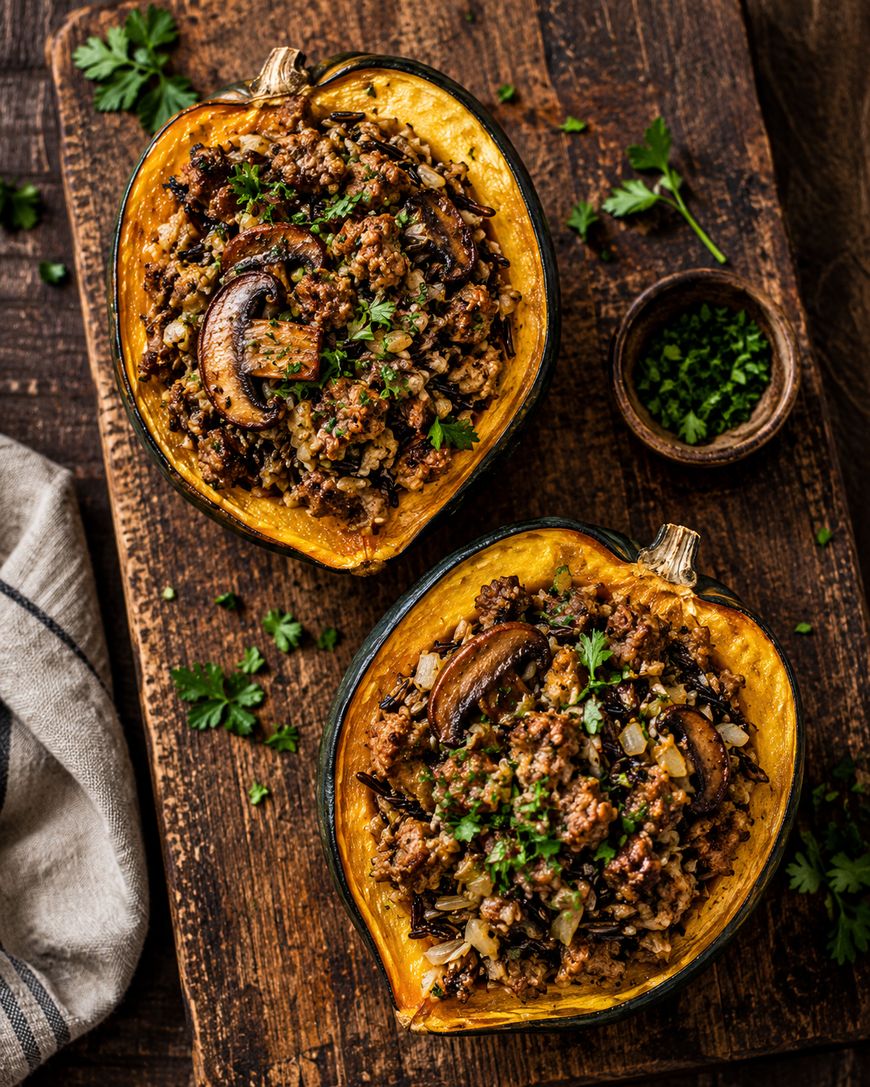 Two acorn squash halves stuffed with a mixture of wild rice, mushrooms, and herbs sit on a rustic wooden board, garnished with fresh parsley. A small bowl of chopped herbs and a napkin are nearby.