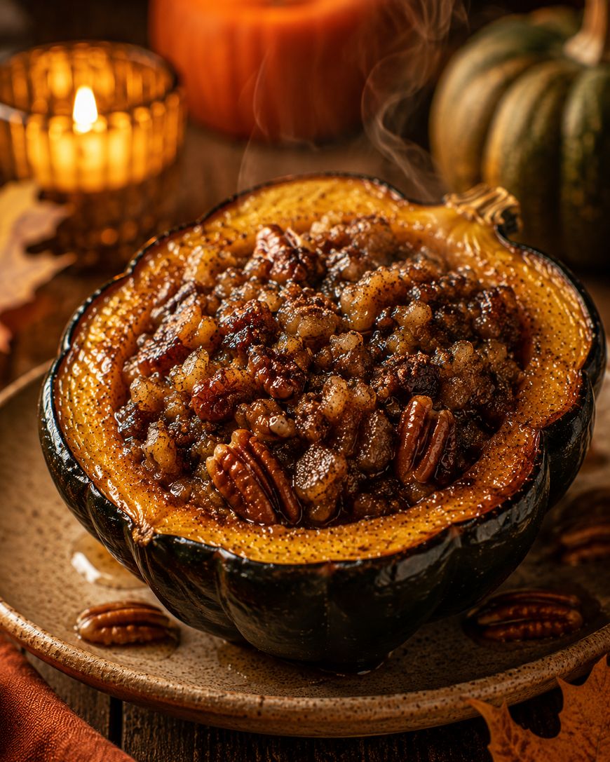 A baked acorn squash half filled with a pecan and brown sugar stuffing, steaming hot, sits on a ceramic plate. A lit candle and decorative gourds are in the background, creating a cozy autumn atmosphere.