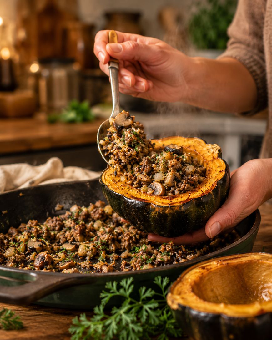 A person fills a roasted acorn squash half with a hearty mixture of grains, mushrooms, and herbs, using a spoon, over a rustic kitchen counter.