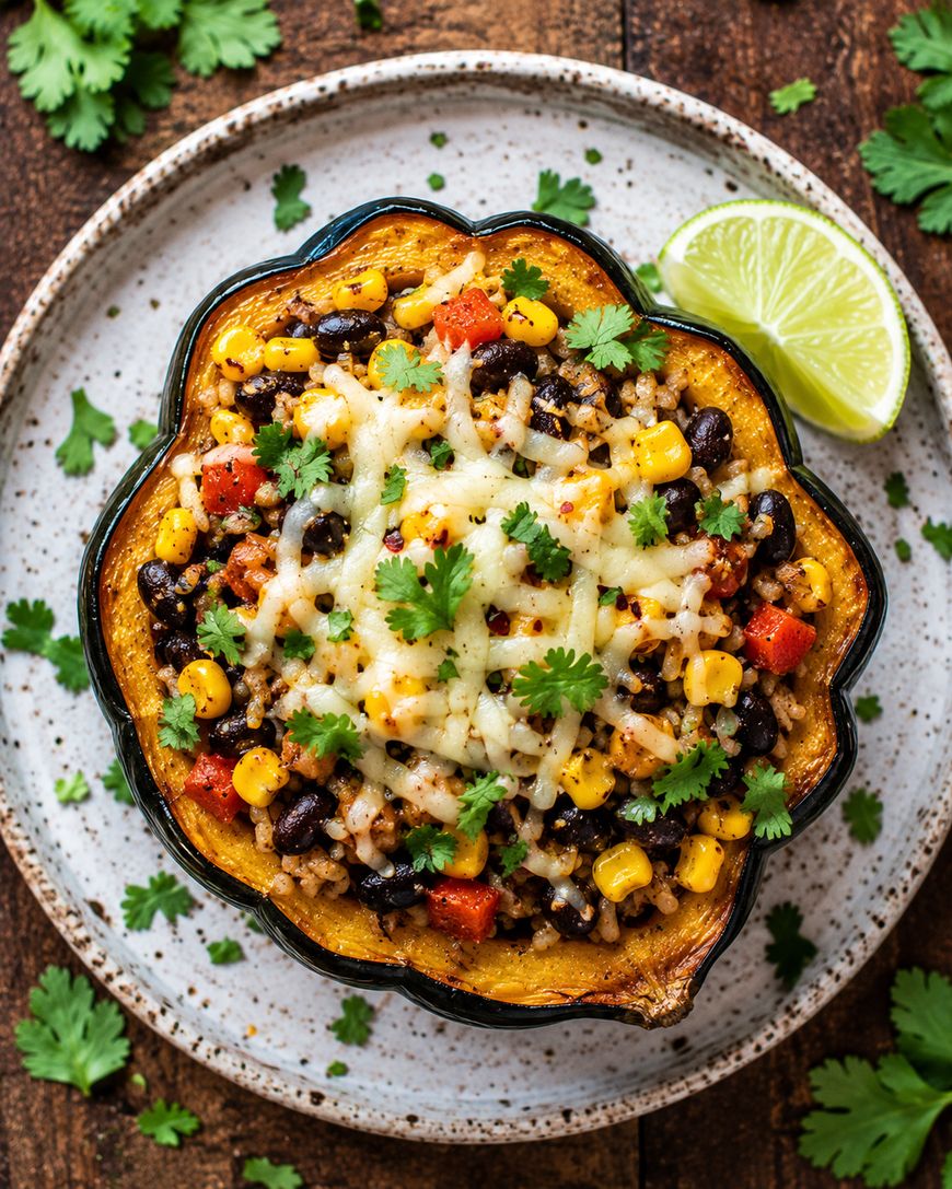 A roasted acorn squash half stuffed with black beans, corn, rice, tomatoes, and melted cheese, garnished with fresh cilantro and served with lime wedges on a speckled plate.