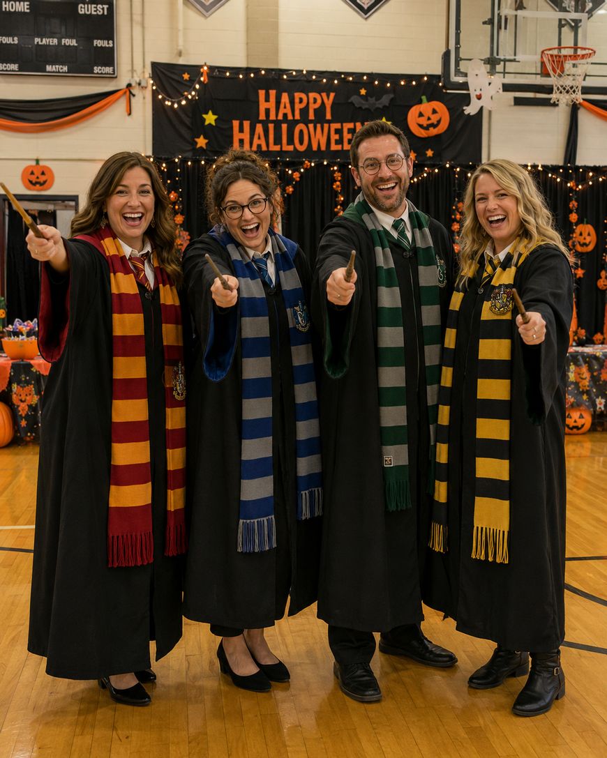 Four adults in Harry Potter house robes and scarves smile and hold out wands in a decorated gym, with “Happy Halloween” and pumpkin decorations in the background.