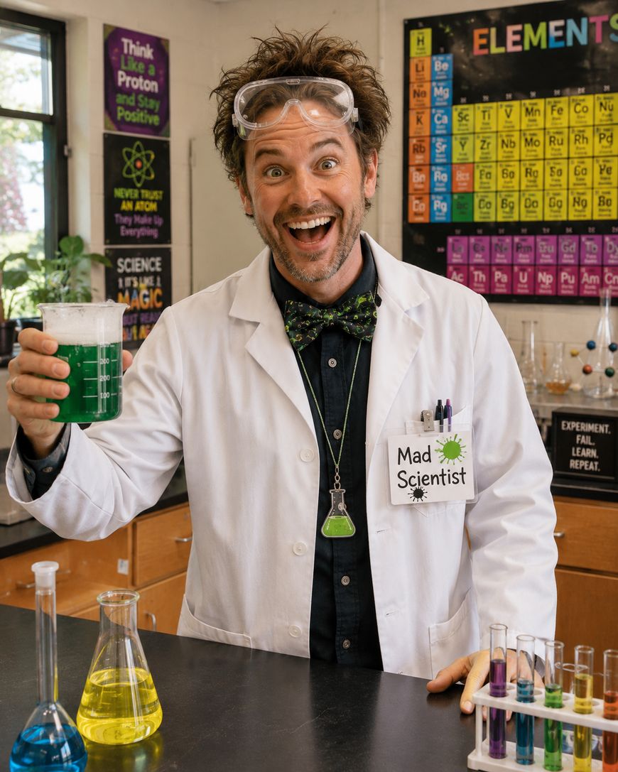 A smiling person in a lab coat and goggles holds a beaker with green liquid in a colorful science classroom. The name tag reads Mad Scientist. Various flasks and test tubes sit on the table.