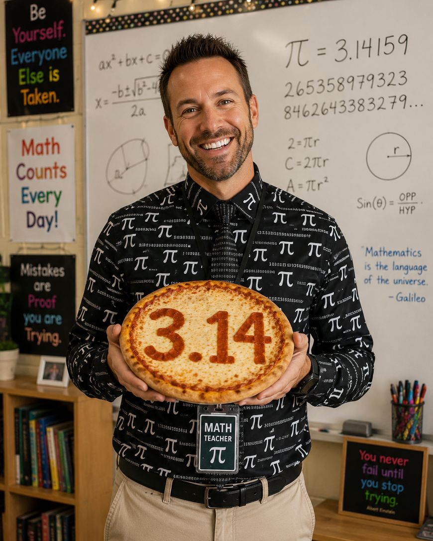 A smiling teacher wearing a Pi-themed shirt holds a pizza with “3.14” in pepperoni. Behind him are math posters, Pi symbols, and equations on a classroom whiteboard.