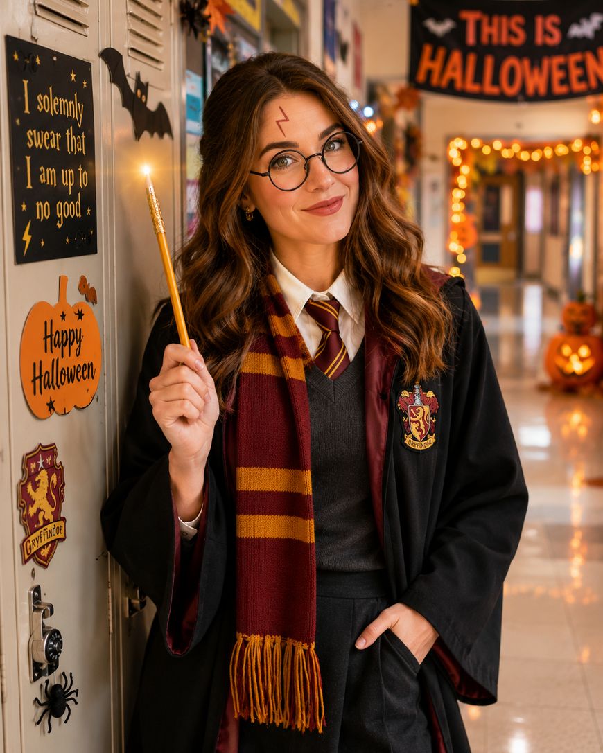 A woman dressed as Hermione Granger from Harry Potter, wearing glasses, a Gryffindor robe and scarf, holding a wand. She stands by Halloween-decorated lockers in a school hallway with festive lights and pumpkins.